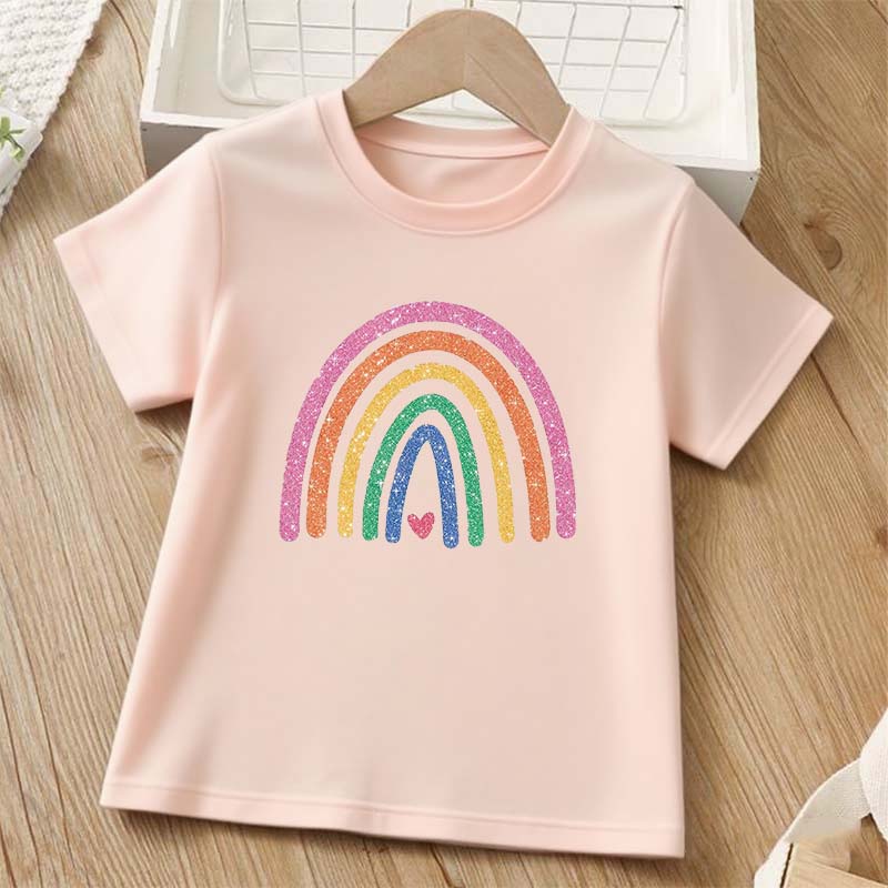 Fashion Summer Baby Girl Trend Rainbow Print Pattern Cotton T-Shirt Children's Fashion Casual Cute Cartoon Summer Short Sleeves