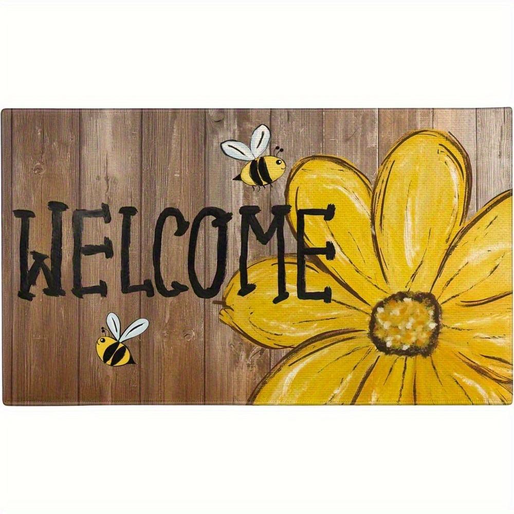 1Pcs Bee Happy SunflowerPattern Floor Mat Modern Kitchen Polyester Rug, Non-Slip Colorful Indoor Carpet, For Home Bathroom Bedroom Living Room Decor