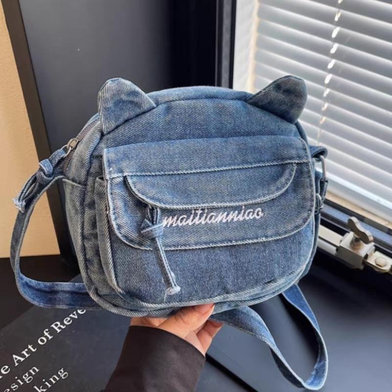 Market-4 Nieuwe Schattige Kattenoren Denim Mini Crossbody Tas Dames Casual Eenvoudige Schoudertas Leuke Portemonnee Reizen Buiten Kleine Portemonnee Portemonnee 19X15X7cm gray