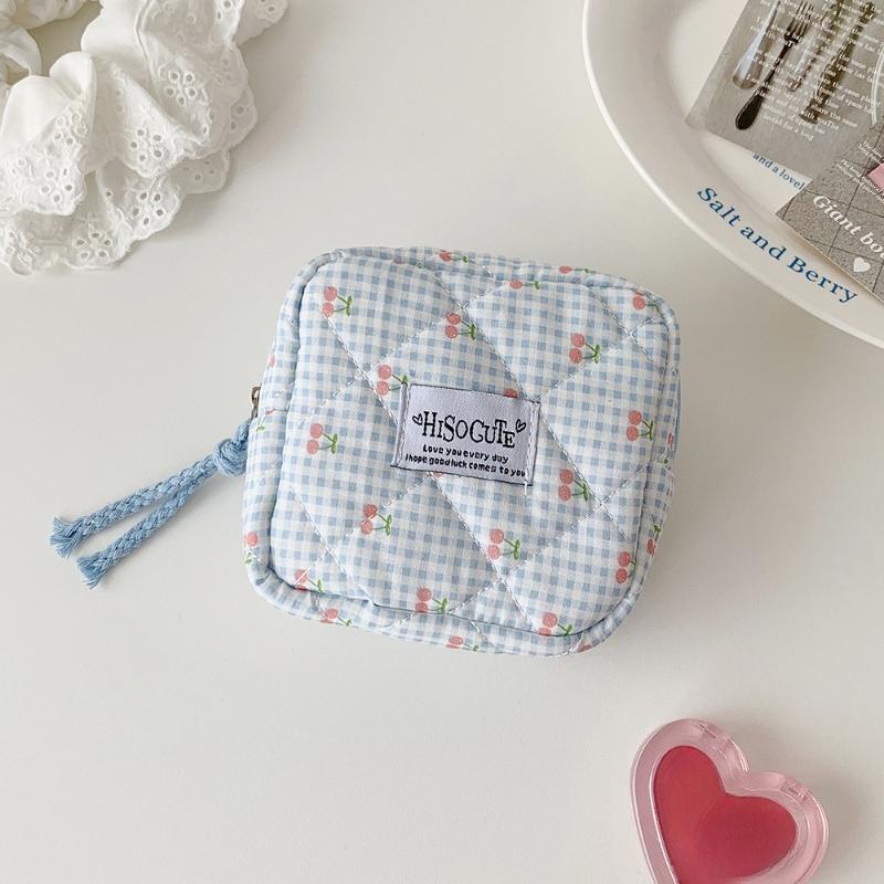 Ins Fresh Red Cherry Quilted Cosmetic Bag Fashion Small Large Toiletry Makeup Storage Bag Cute Lipstick Sanitary Napkin Case