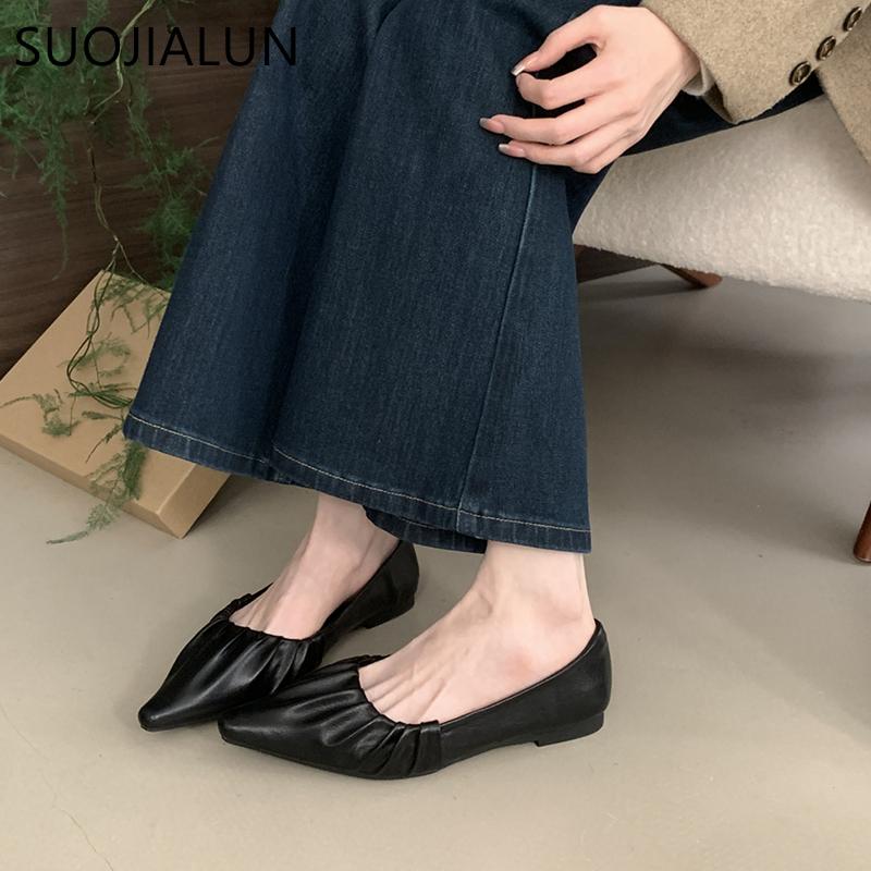 Fashion SUOJIALUN Spring New Brand Women Flat Shoes Fashion Pleated Ladies Elegant Boat Shoes Pointed Toe Shallow Slip On Single Shoes