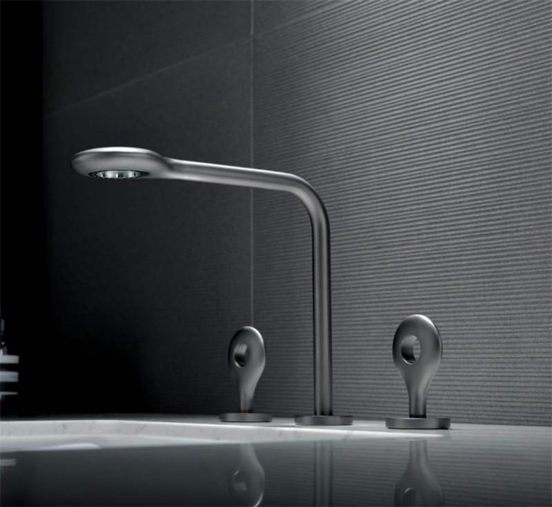 Gebürstete Gold Waschtischarmatur Vollmessing Schwarz Badezimmerarmatur Graue Spültischarmaturen 3-Loch Heiß und Kalt Wasserfallarmatur Wasserhahn