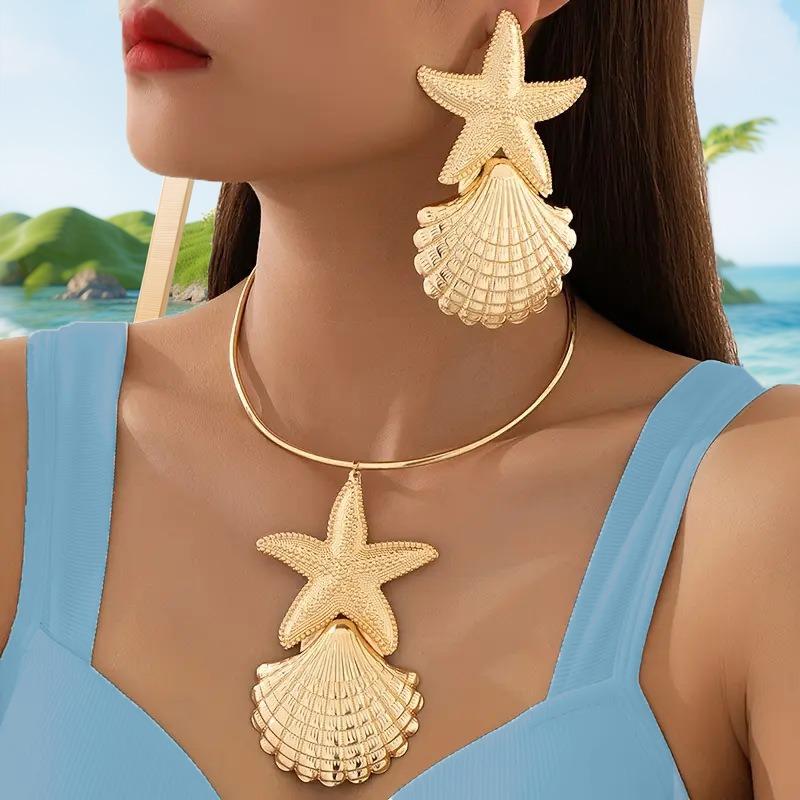 Серьги и Колье Набор Серия Морская Звезда Ракушка Праздничный Стиль Премиум Легкая Роскошь Нишевые Украшения Для Женщин