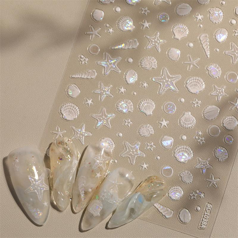 1 Sheet Ocean Shell Jellyfish Nail Stickers Colorful Shell Conch Seastar Adhesive Nail Decal Mermaid Aurora Beach Shell Slider