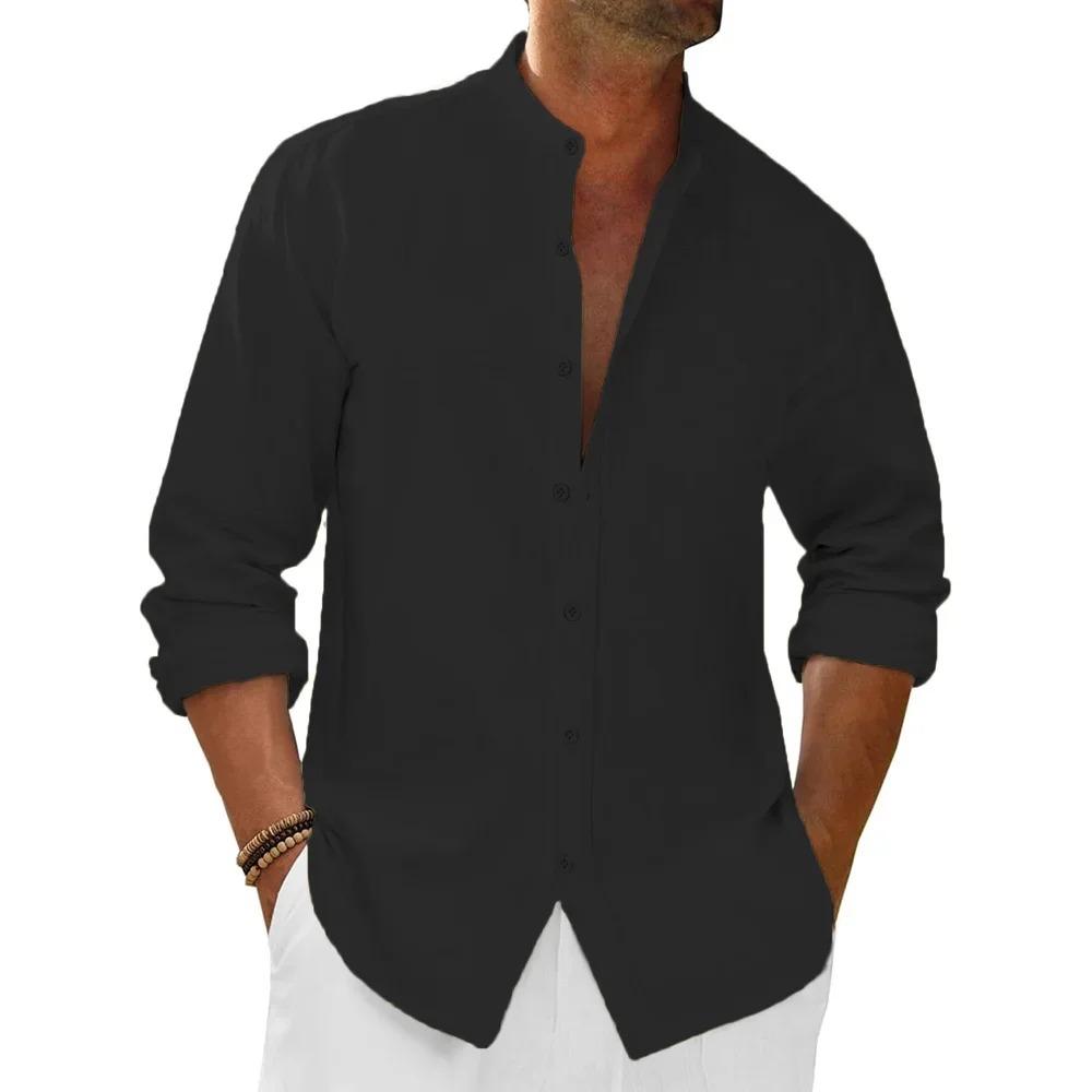 Męska Wiosenno-Letnia Koszula z Dekoltem Henley z Bawełny i Lnu, Jednolita, Lekka, w Stylu Plażowym, Wakacyjna, z Długim Rękawem