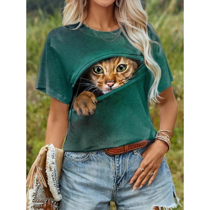 Summer Cute Kitten T-Shirts Kawaii Cat 3D Print Women's Round-Neck Short Sleeve T Shirt Harajuku Tees Y2k Tops Female Clothing