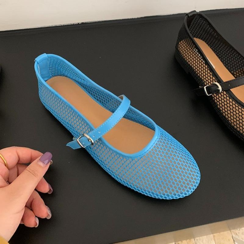 Fashion Mesh Hollow Breathable Single Shoes New Round Toe Shallow Mouth One Buckle Soft Sole Flat Shoes for Women in Spring and Summer