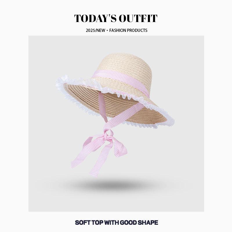 French Dome Lace Up Straw Hat Women Korean Ins Sweet and Cute Big Brimmed Sun Straw Hat Beach Vacation Beach Hat Women