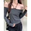 Pure Lust Style Ein-Wort-Off-Shoulder-gestreiftes Langarm-T-Shirt Damen Herbst und Winter neues süßes heißes Mädchen-Innenschichthemd Neckholder-Oberteil