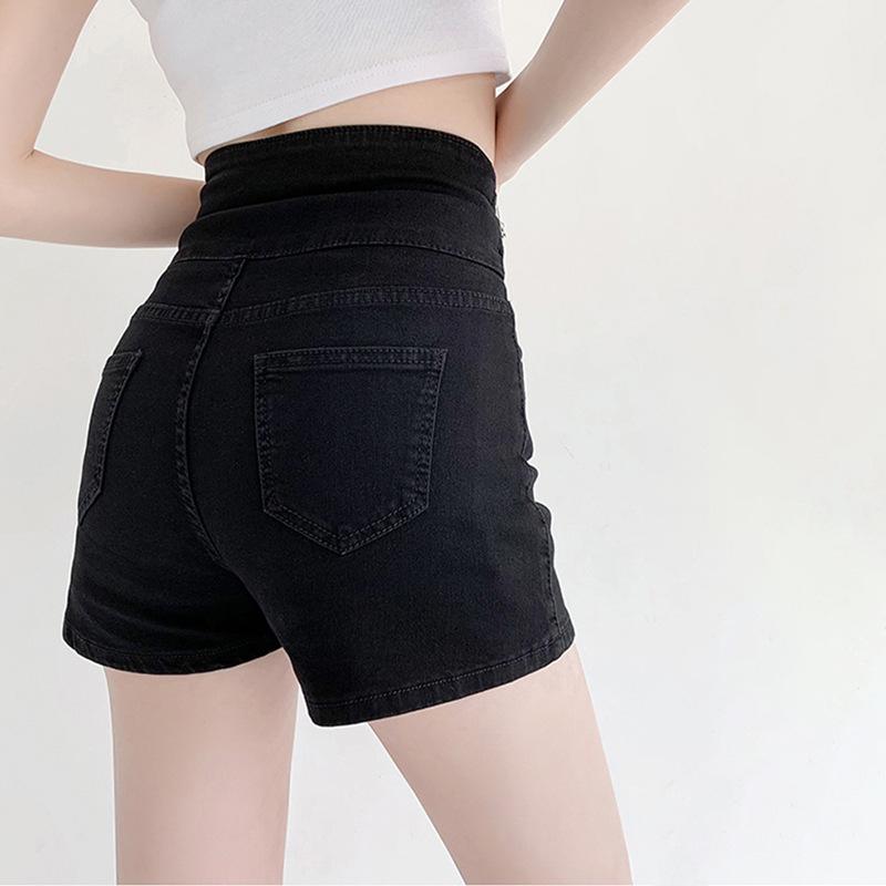Women's Super High Waist Black Denim Shorts - Tummy Control, Elastic, A-Line, Wide Leg, Buttoned, Summer Wear