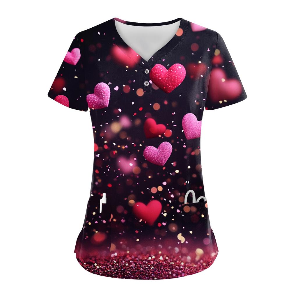Damen-Oberteil mit Knopfleiste und V-Ausschnitt, modisch, lässig, mit Weihnachts- und Valentinstags-Print, Top für Krankenschwestern, Kasacks für Damen, 2 Taschen