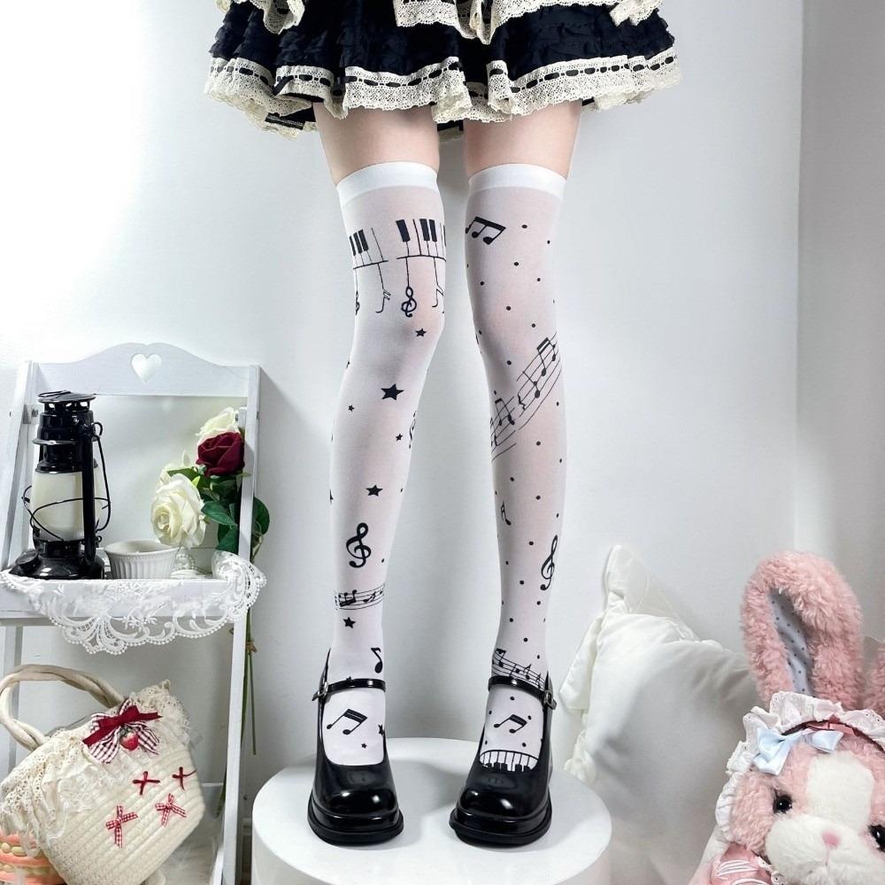Breathable Musical Staff Stockings Thin Black White Socks Sweet Music Note Socks Cosplay Long White