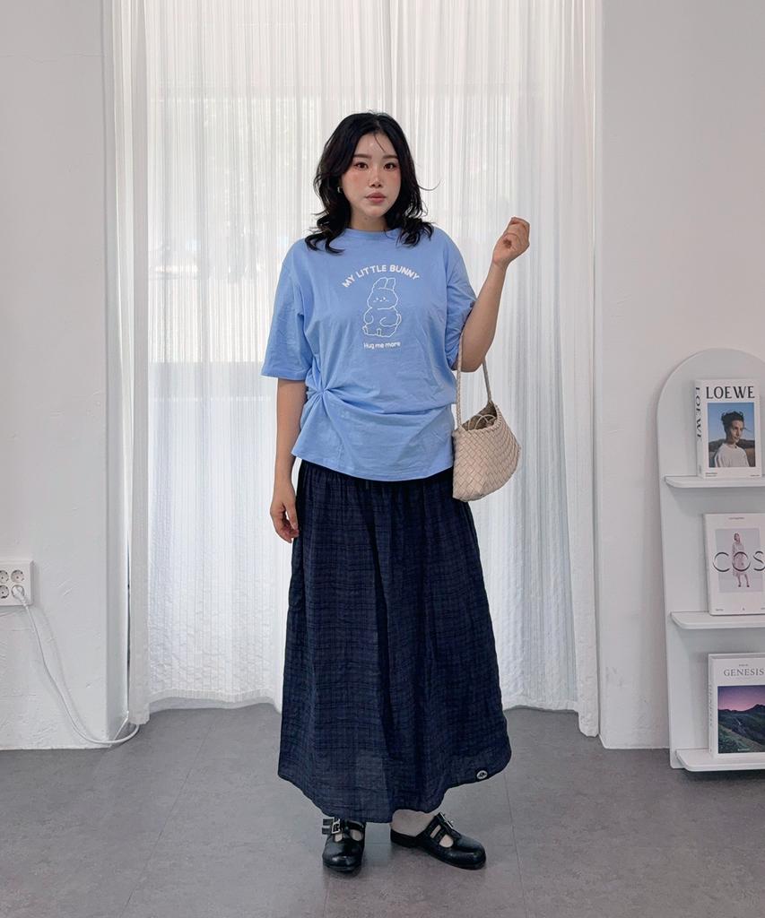 Plasma Sphere Smoke Shirred Check Ribbon Low-Rise Maxi Skirt_Navy