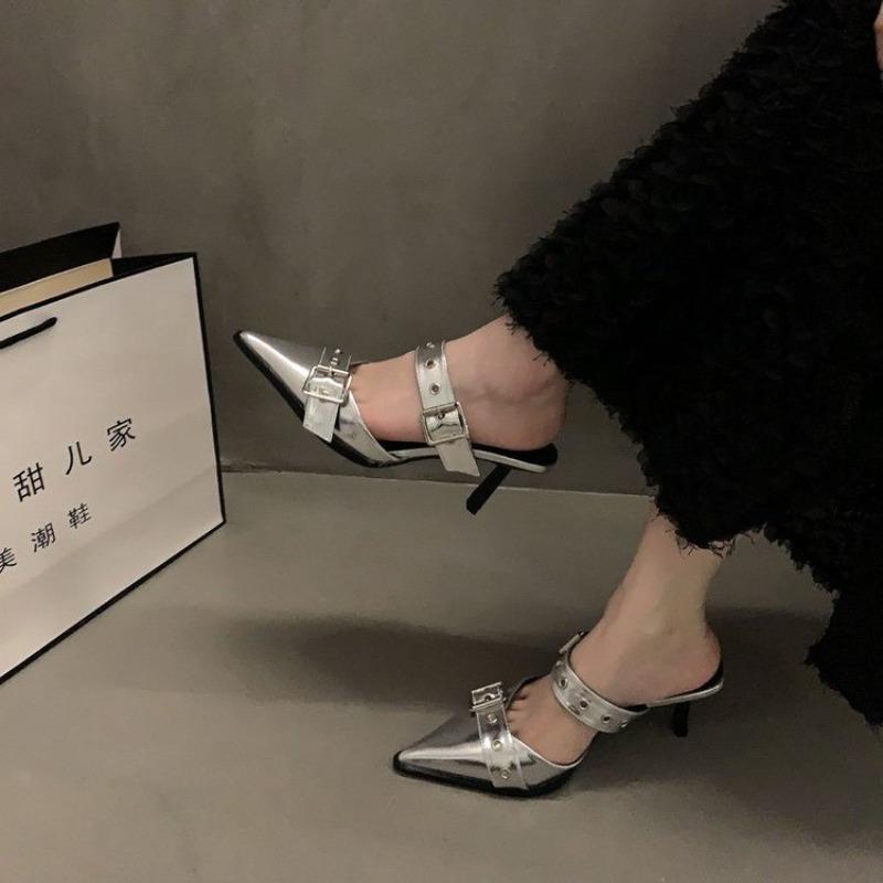 New Popular Punk Goth Metal Buckle High Heels Women's Sandals Summer Pointed Toe Silver Party Shoes Women's Pumps Shoes