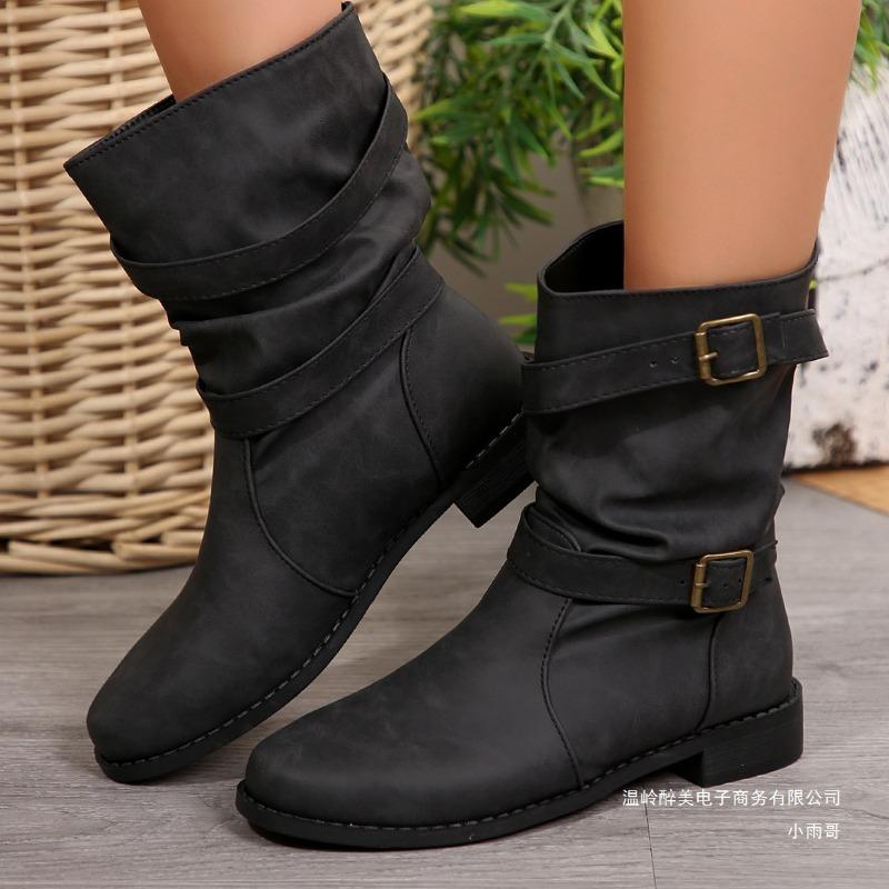 Stivali da donna a suola spessa, stile europeo e americano, con fibbia per cintura autunnale e invernale, fondo piatto, tacco basso, in pelle, sono disponibili.