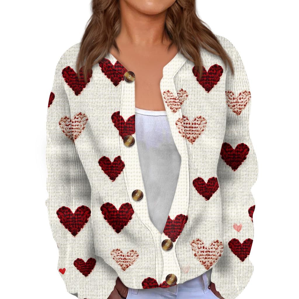 Kvinners Valentine's Day Print Langermet strikket Cardigan Button Jacket