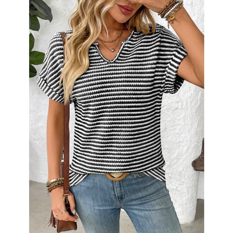 Summer New Women's V-neck Short-sleeved Loose Striped Casual Pullover T-shirt