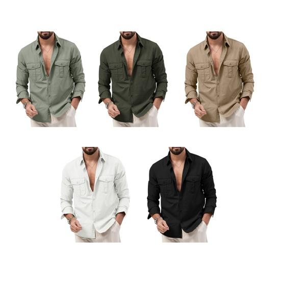 Men Shirt Lapel Long Sleeve Buttons Placket Shirt Tops with Pockets Pure Color Loose Fit Versatile Tops Daily Wear
