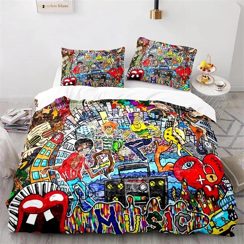 Set Copripiumino Graffiti King Set Biancheria da Letto Microfibra Hip Hop Moderno Street Art Copripiumino Per Bambini Ragazzi Decorazione Camera da Letto Giovani
