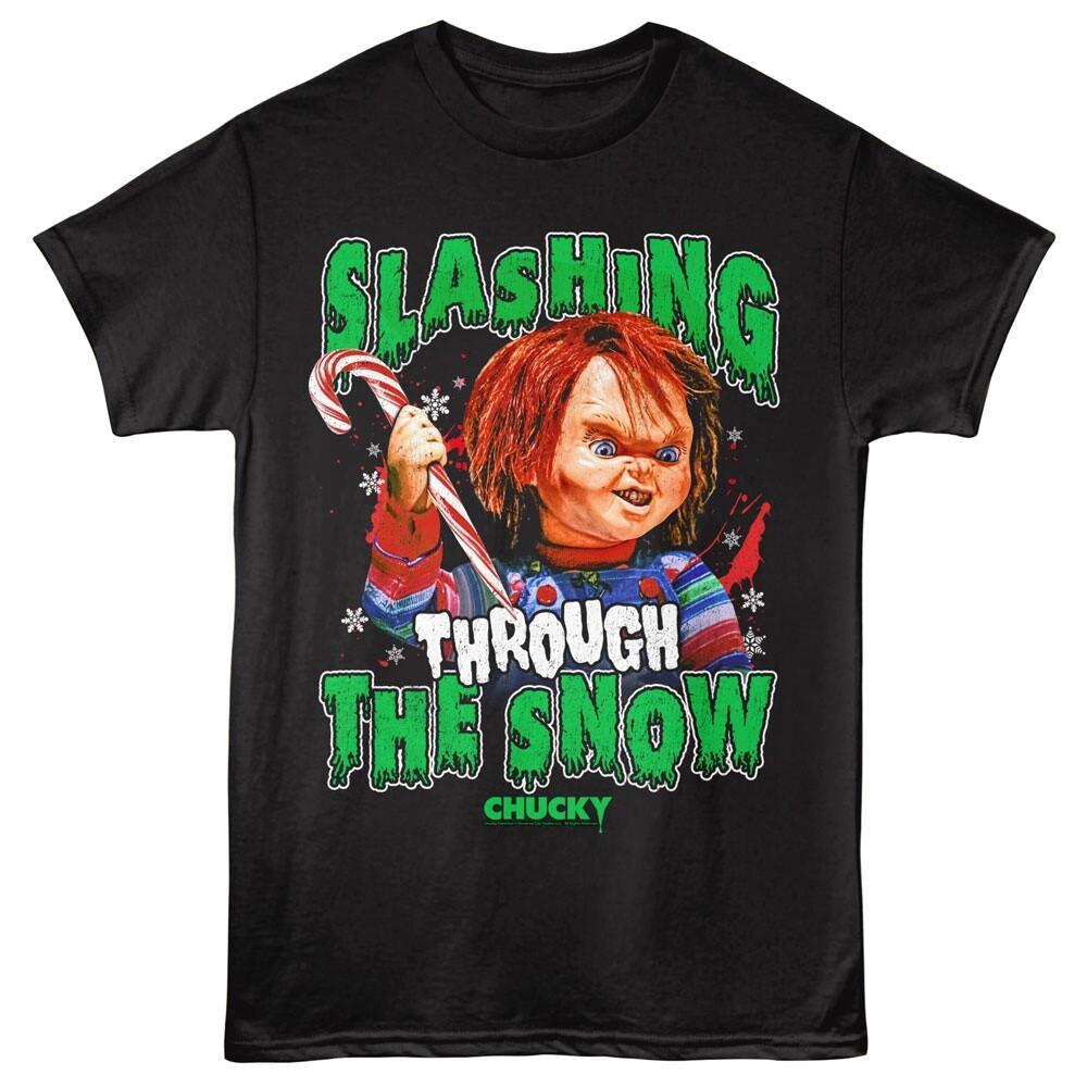 Chucky Horror Movie Men039;s T Shirt SLASHING THROUGH THE SNOW New Black Cotton Unisex T-Shirt XXXL