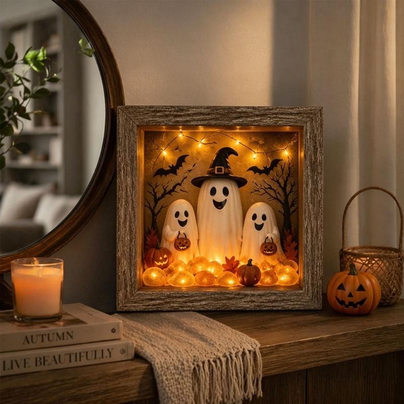 DIY Seasonal Light Box Display, Wood Case Frame Ornament with Soft Lighting for Shelf, Entry Stand, and Fall Party Use