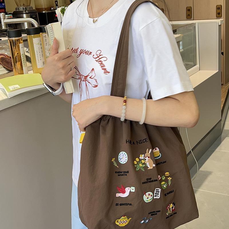 Large Capacity Shoulder Bag Cute Embroidery Versatile Literary Drawstring Lazy Wind Spring And Summer Candy Color