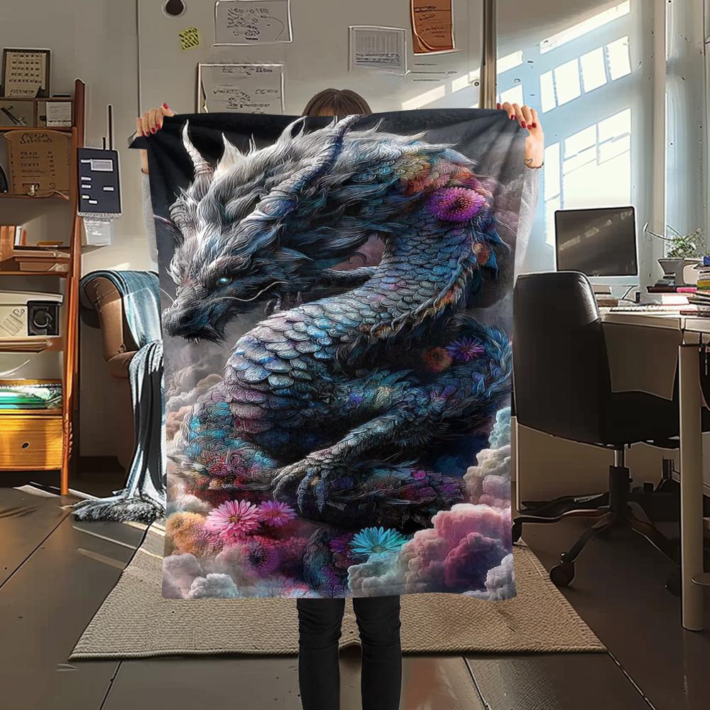1Pc Fantasy Dragon Print Flannel Blanket, High Quality Comfortable for All Seasons, Home Decor, Warmth and Comfort, Perfect for Gifts