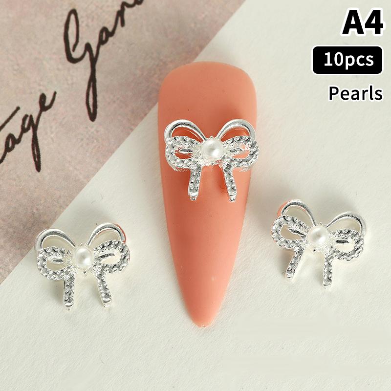 

10 Pcs Bow Nail Charms Alloy Pearls Bowknot Decoration For Manicure Diy Accessories Parts Ribbon Gold Silver Nail Parts Jewel A4