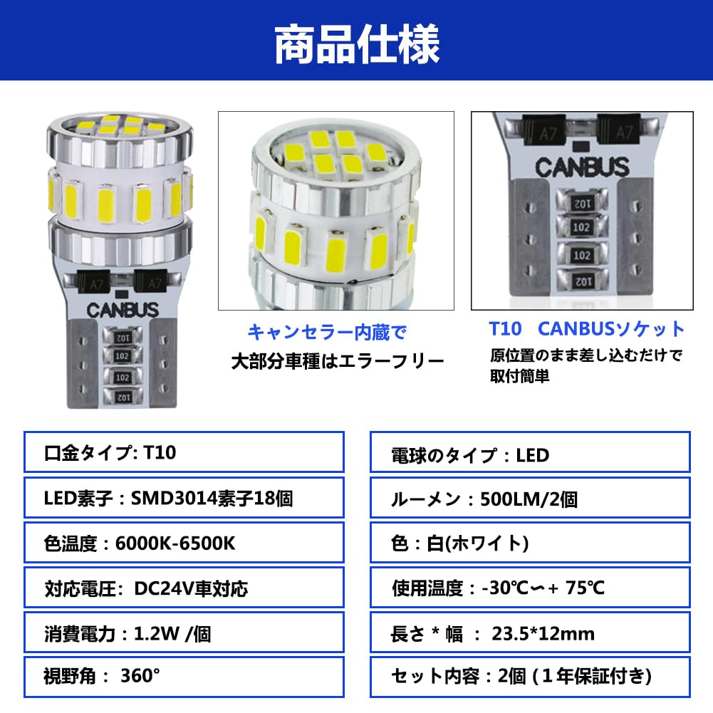 T10 LED White Explosive Light, Built-in Canceller, LED T10, Compatible with Vehicle Inspection, 18