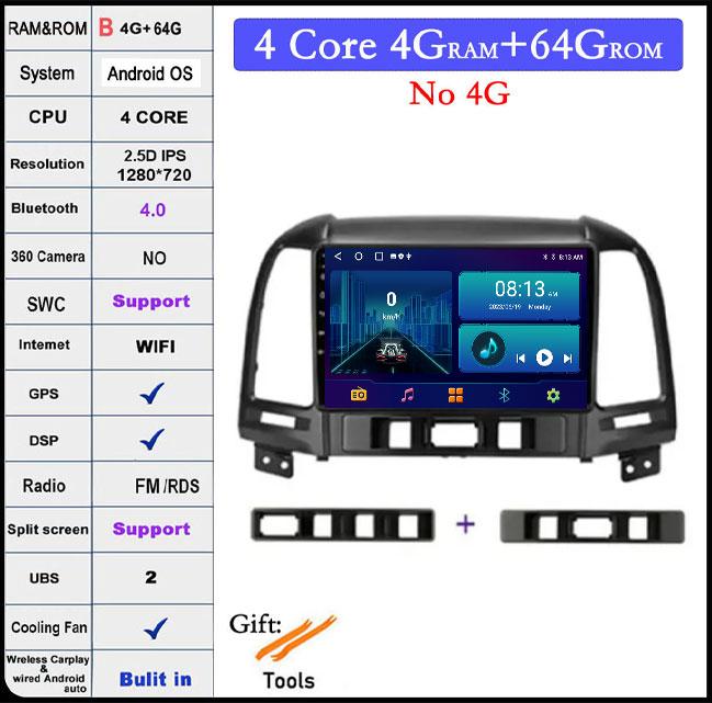 QLED IPS DSP Android 14 For Hyundai Santa Fe 2 2006-2012 Car Wifi 4G Auto Player Radio Multimedia Video Player Navigation