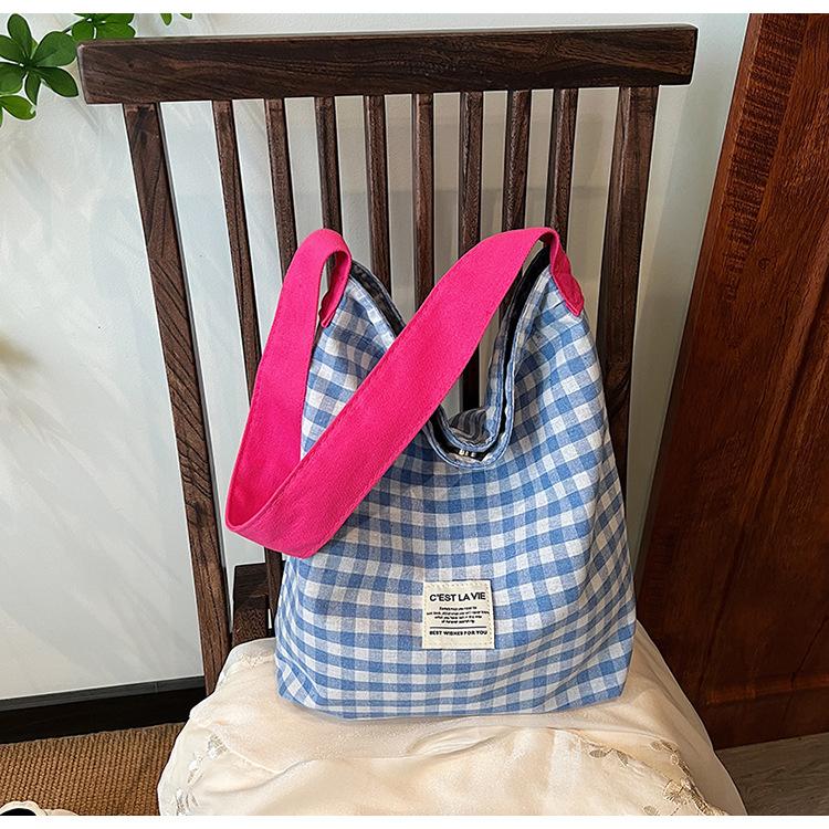 Women Contrast Color Lattice Magnetic Buckle Bucket Bag Leisure Canvas Cloth Shoulder Bags Tote Handbag