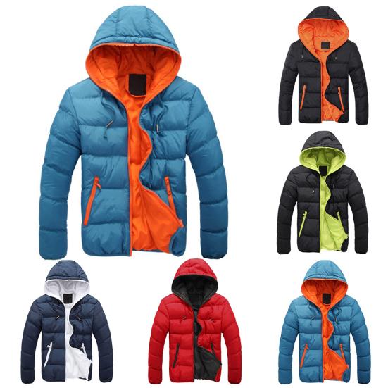 Autumn Winter Men Color Block Zipper Warm Cotton Coat Casual Hooded Down Jacket
