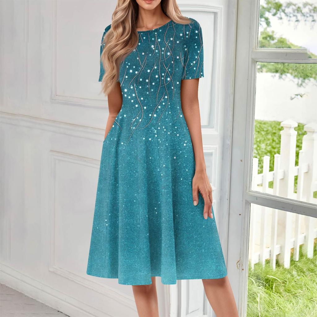 Women's Casual Fashion Round Neck Short Sleeve Floral Printed Midi Dresses