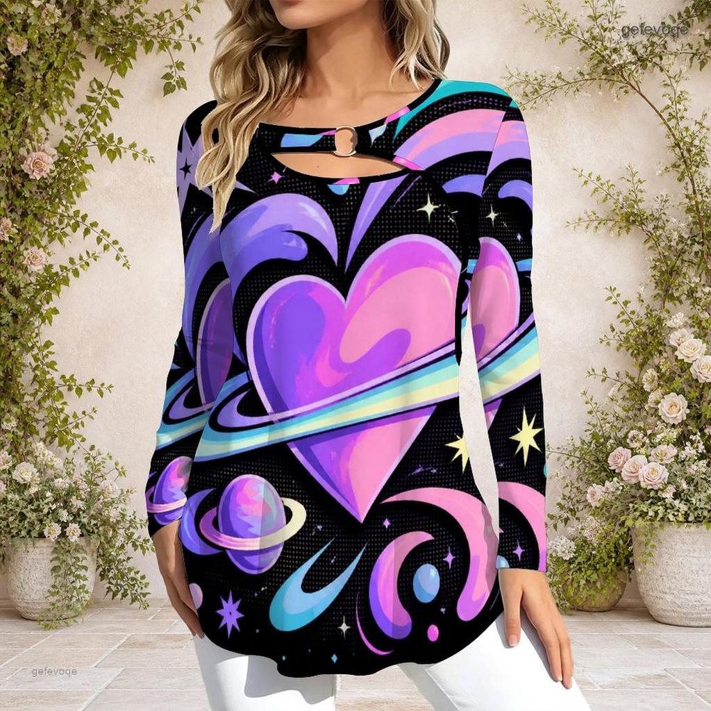 Ladies Plus Size Long Sleeve Casual Tee Metal Ring Neck Feature For Everyday Casual Styling