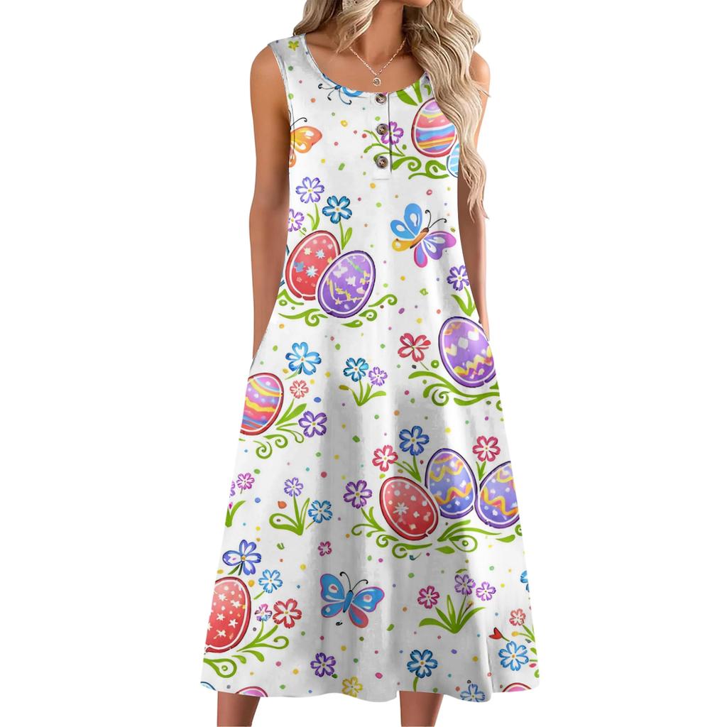 Women Fashion Casual Sleeveless Button Easter Print Dress With Pocket