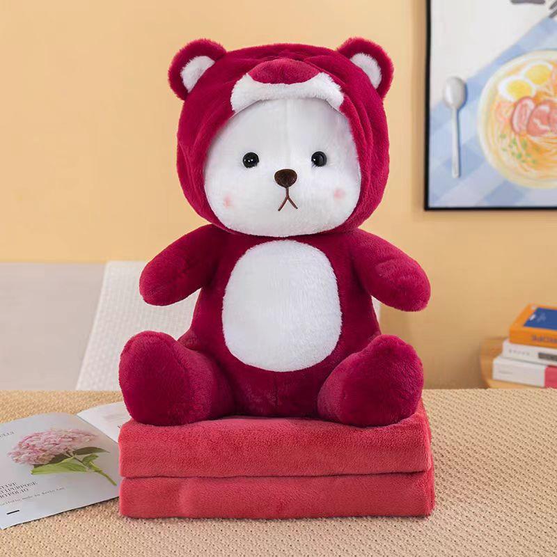 Strawberry Hugging Pig & Little Bear Plush Toy Blanket – Dual-use Nap & Travel Comfort for Kids
