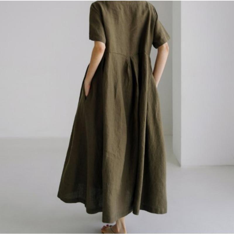 2026 Summer Large Loose Cotton and Hemp Casual Dress Elegant New Round Neck Short Sleeve A-line Dress Female Fashion Solid Color Simple Clothing