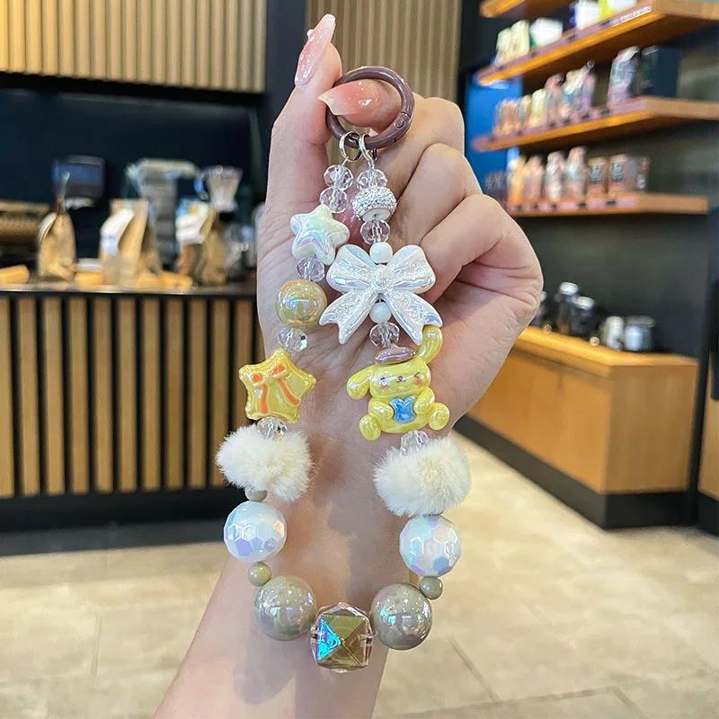 Cute Bowknot Hairball Phone Chain Sanrio Hello Kitty Melody Cinnamoroll Kuromi Keychain Bag Pendant Kawaii Hand Drawn Bead Gift