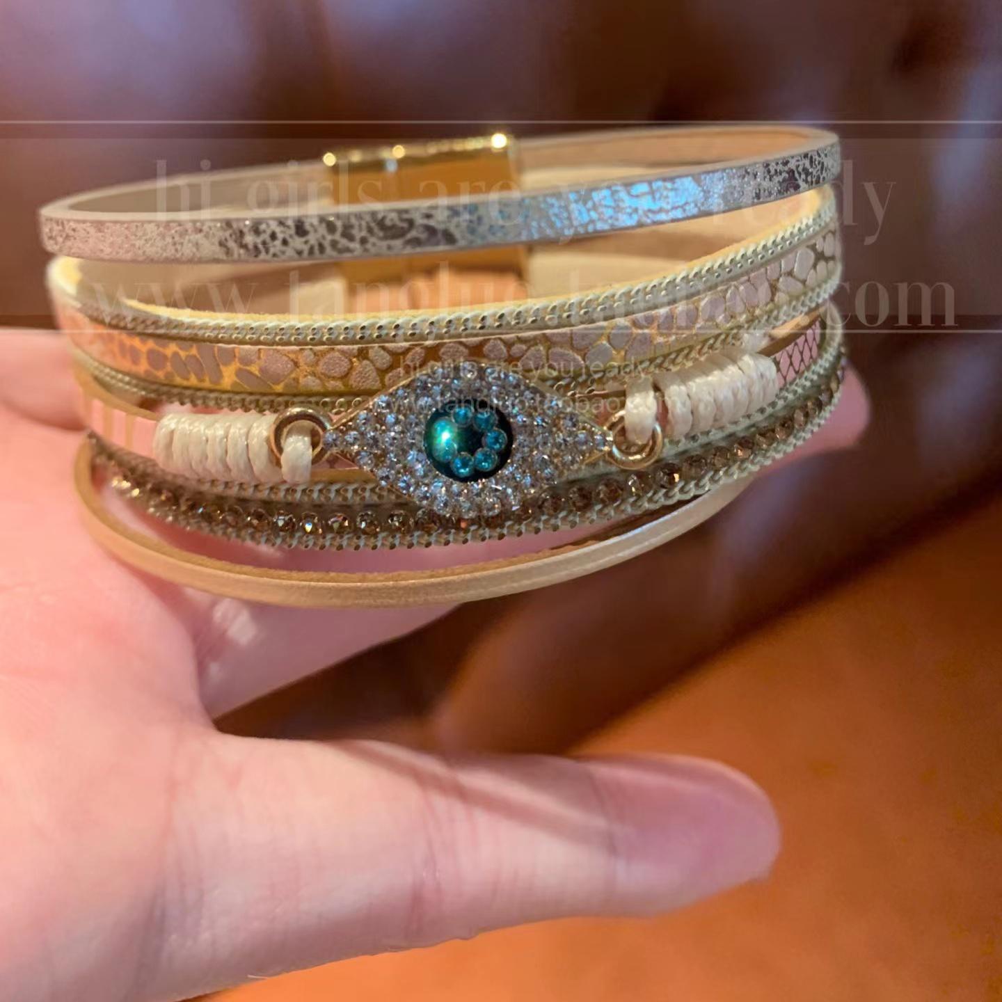 

Ретро Шкіряний та Діамантовий Браслет з Магнітом Око Диявола - Богемна Ювелірна Прикраса Високого Класу