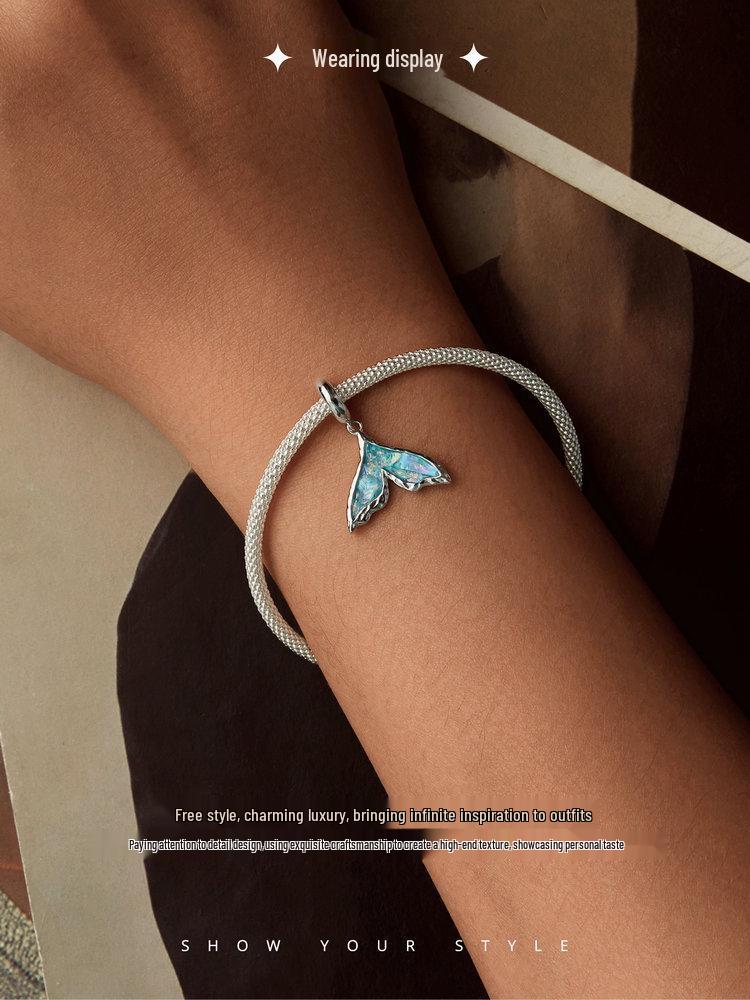 Exquisite Fantasy Blue Fishtail S925 Sterling Silver Pendant Charm for DIY Bracelet