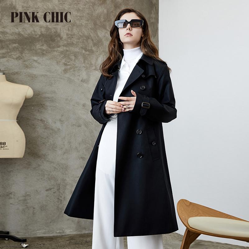 Różowy szykowny nowa wiosna jesień wiatrówka średniej długości kołnierz z klapami kobiety dwurzędowy pas biodrowy płaszcz w stylu retro Grace Trench 667