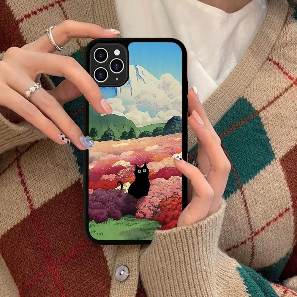 Cartoon Animal Black Cat Oil Painting Phone Case Silicone PC+TPU For For IPhone 11 12 13 14 15 16 Plus Pro Max Cover