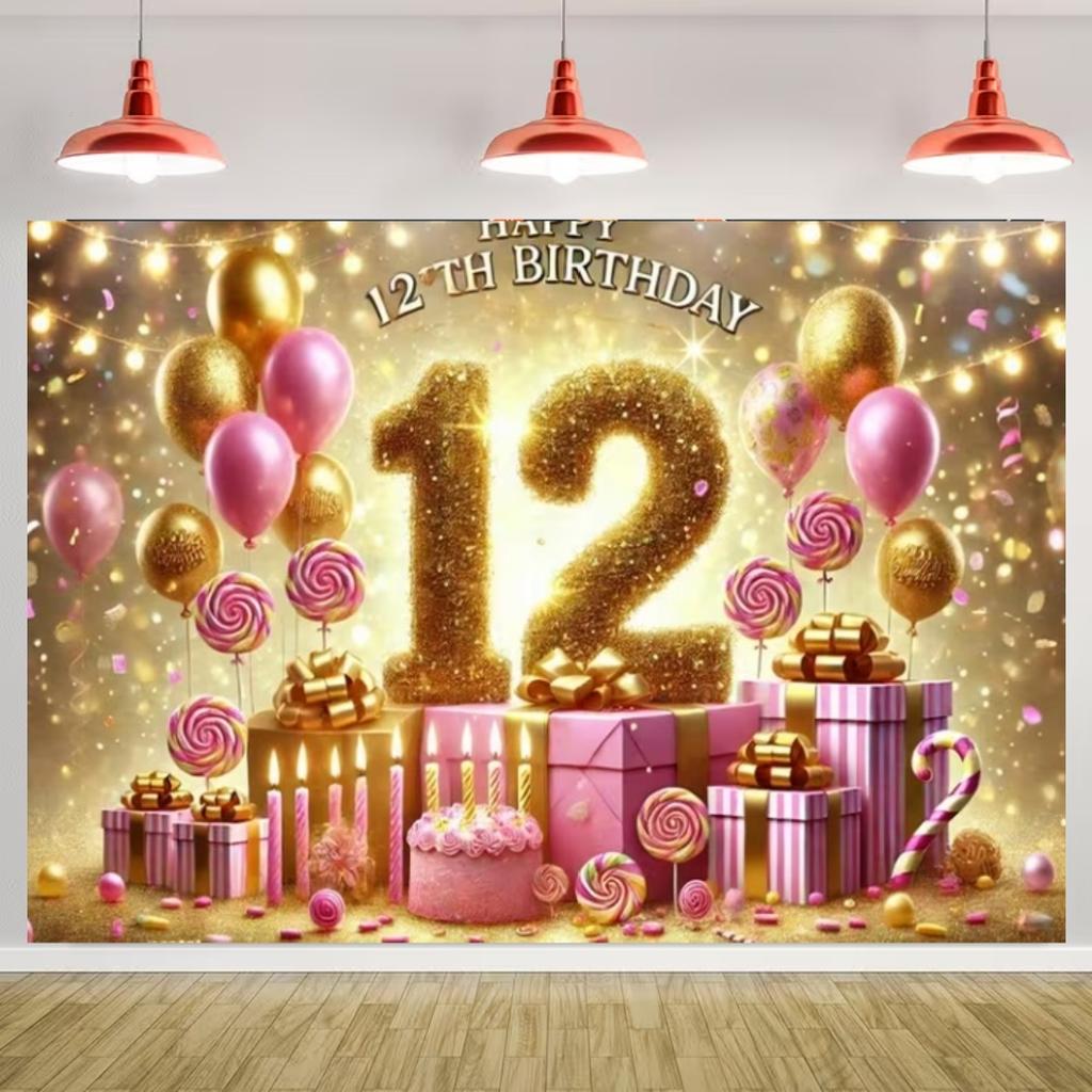 Happy 12th Birthday Banner Black Gold Balloon Background Party Decoration Boys Girls Birthday  Photography Backdrop Kids Gifts