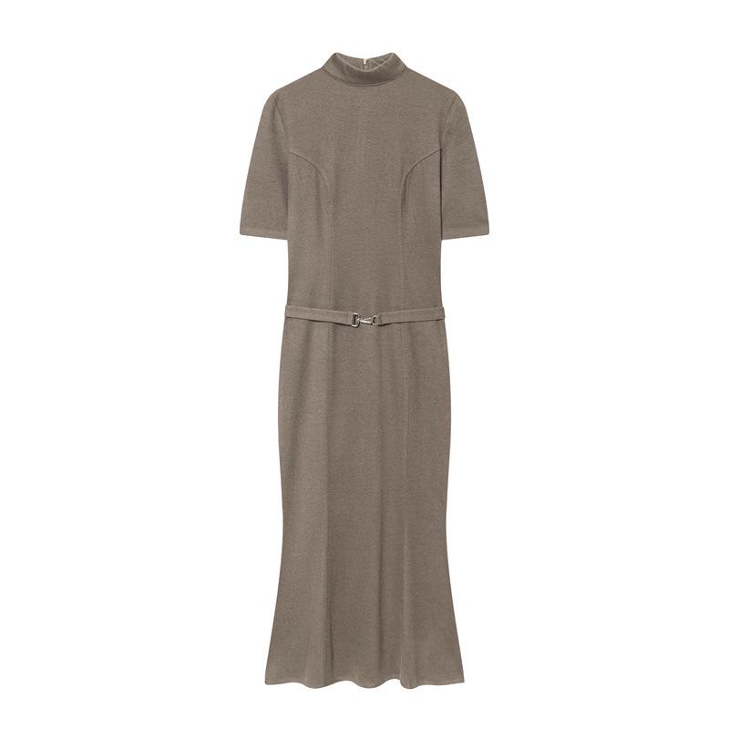 European American Style Autumn 2025 Soft Fabric Belted Dress M коричневый