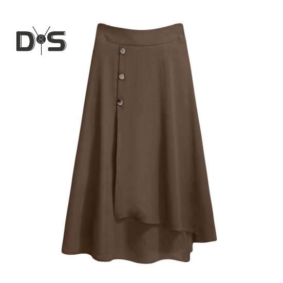 

Юбка миди с высокой талией, декор пуговицами, неровный большой подол, юбка А-силуэта, однотонная летняя тонкая юбка L хаки