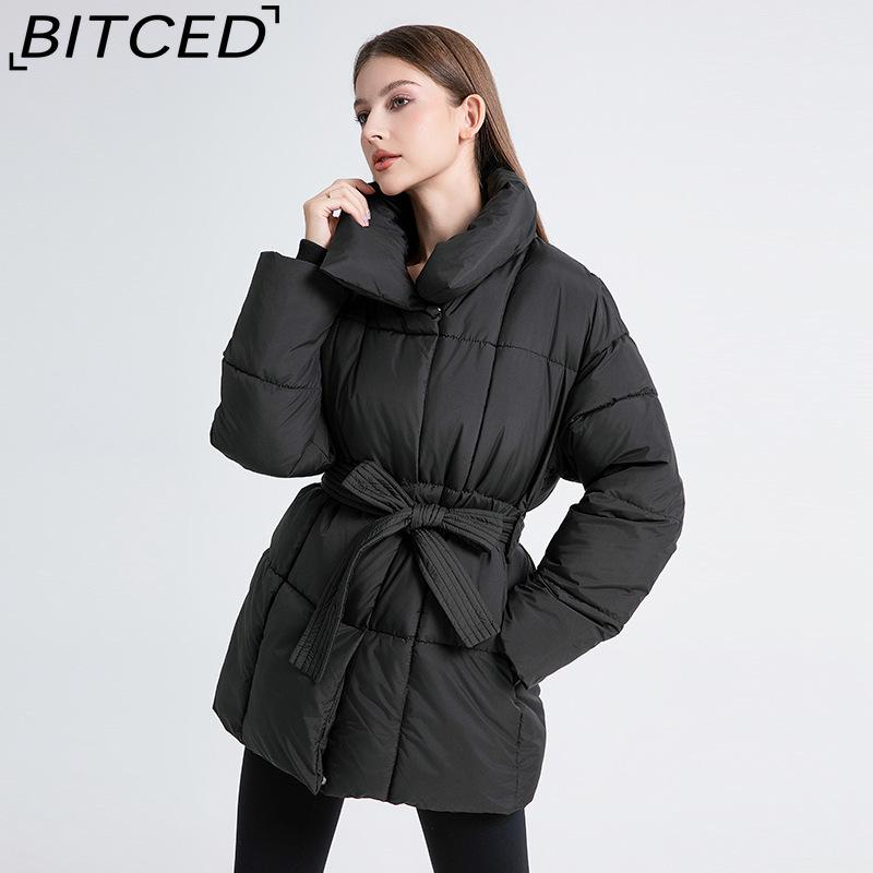 Jachetă Crop din Bumbac BITCED Iarnă Casual cu Croială Largă Caldă Guler Înalt cu Curea Jachetă din Bumbac