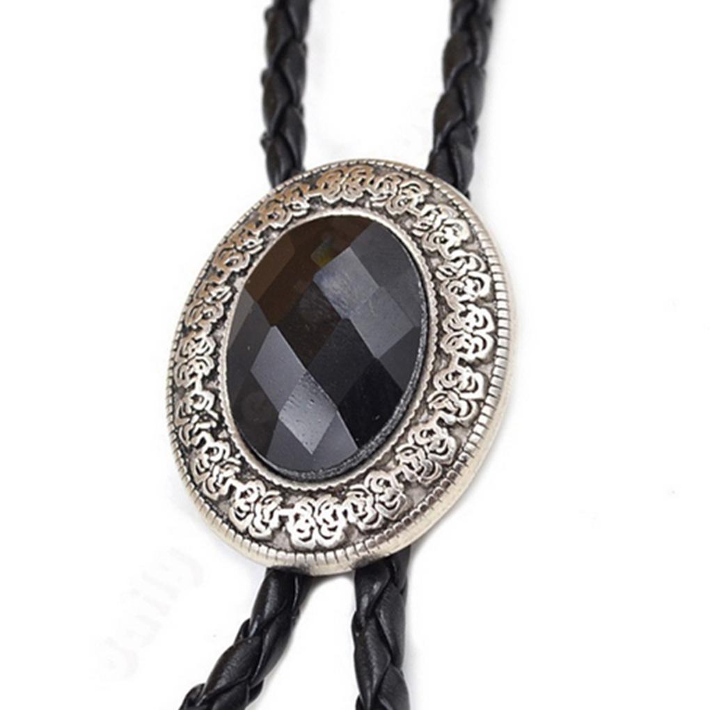 Vintage Metal Stone Black Hat Bolo Tie with Gemstones Leather Rope Pendant Necktie Jewelry Western Tie Western Necklace Costume