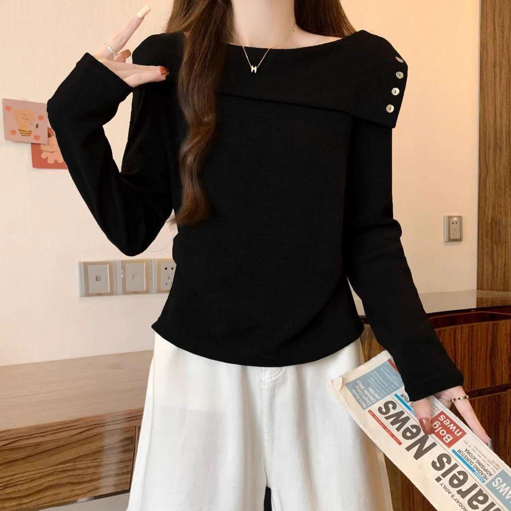 Thick Velvet One-Shoulder T-Shirt: Women’s Long Sleeve Winter Base Layer