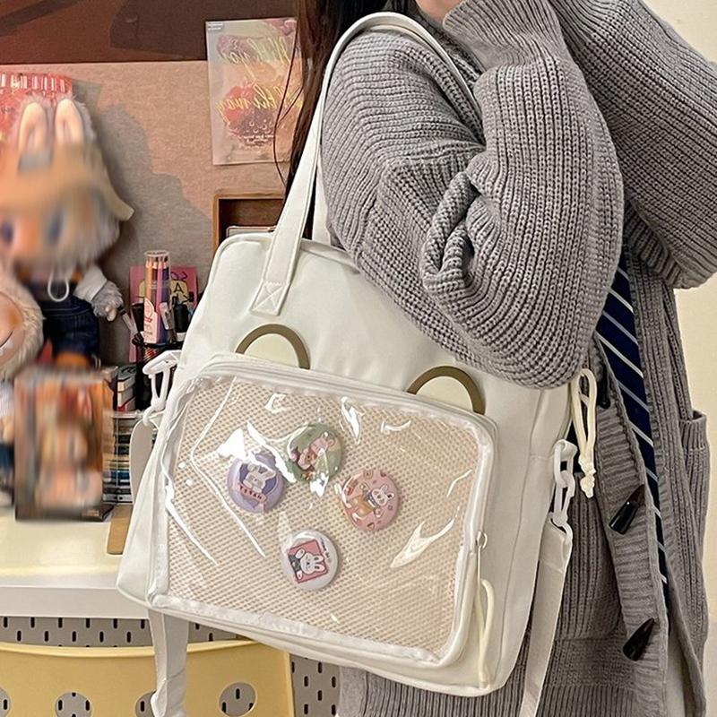 Vielseitige transparente Umhängetasche im japanischen Stil, große Kapazität, Canvas-Umhängetasche, Studententasche, Umhängetasche mit niedlichem Bären im Anime-Stil