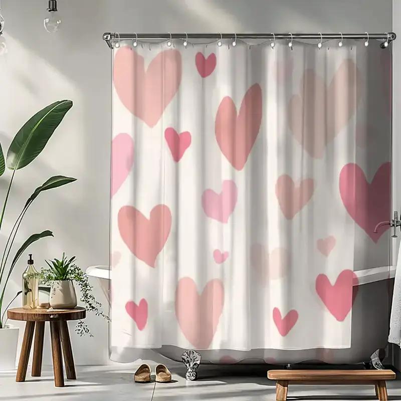 Heart-Patterned Shower Curtain With 12 Hooks, Polyester Fabric, Machine Washable, Suitable For Bathroom Dcor.